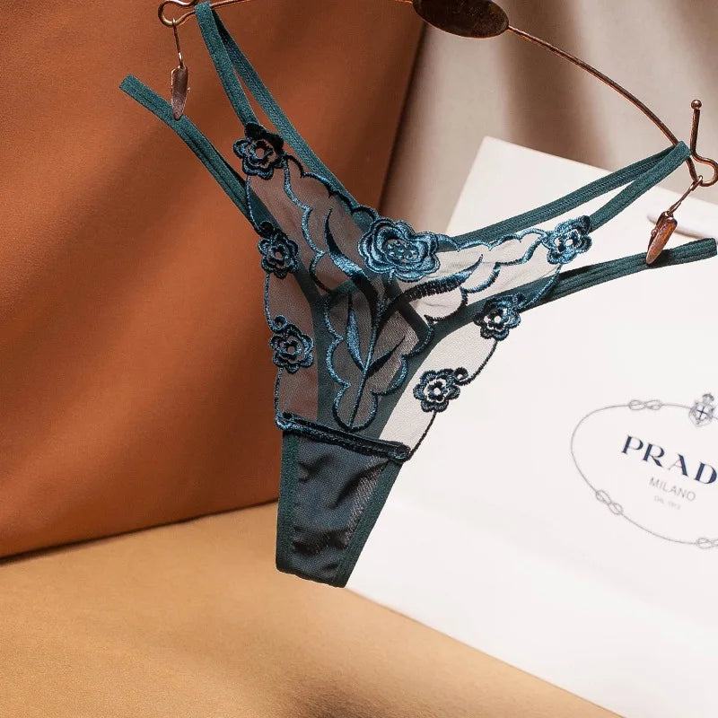 Women French Embroidery Panties, Low Waist Sheer Straps Seamless Breathable Plus Size Triangular Underwear