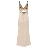 Black Satin Knot Hollow-out Straps Long Dress French Style Sexy Sleeveless Slit Women Summer Dress Lady Evening Party Gowns