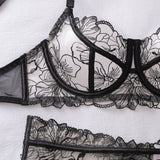 Ellolace French Women's Lingerie Fantasy Embroidered Bra Belt Thong with Leg Circles Elegant Floral Romantic Cute Miss Underwear
