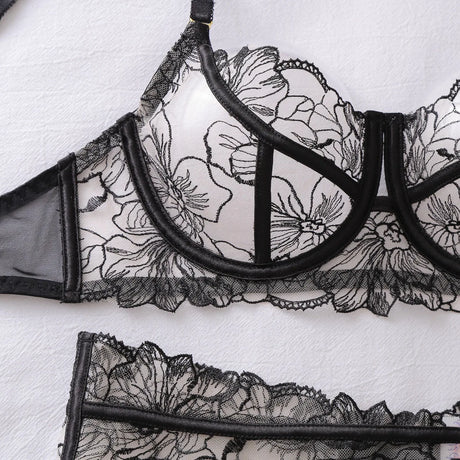 Ellolace French Women's Lingerie Fantasy Embroidered Bra Belt Thong with Leg Circles Elegant Floral Romantic Cute Miss Underwear