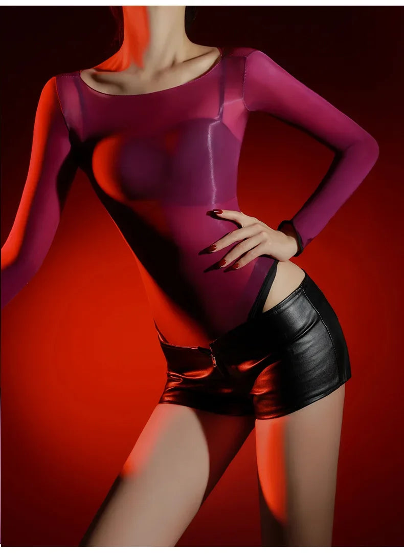 Sexy Women 5D Thin High Cut Bodysuit Oil Shiny Sheer See Through Elastic Tights Yoga Shaping Maid Jumpsuits Unisex Club Leotard