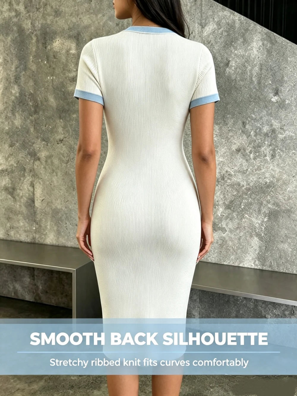 Women Elegant Color Block Knit Midi Dress V Neck Button Bodycon Pencil Dress Casual Office Slim Short Sleeve Party Dresses