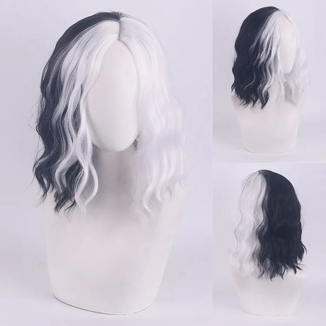 Cosplay Halloween Party Wigs CRUELLA Deville De Vil Black White With Bangs Short Bob Hair for Women Heat-Resistant Synthetic Wig