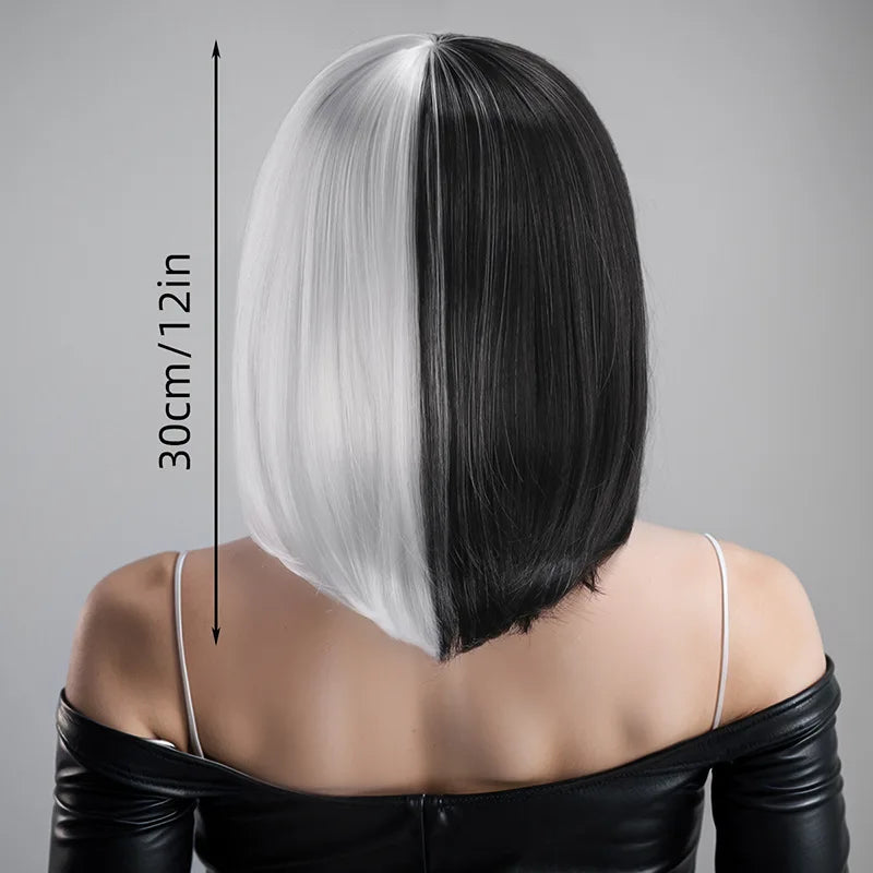 Cosplay Halloween Party Wigs CRUELLA Deville De Vil Black White With Bangs Short Bob Hair for Women Heat-Resistant Synthetic Wig