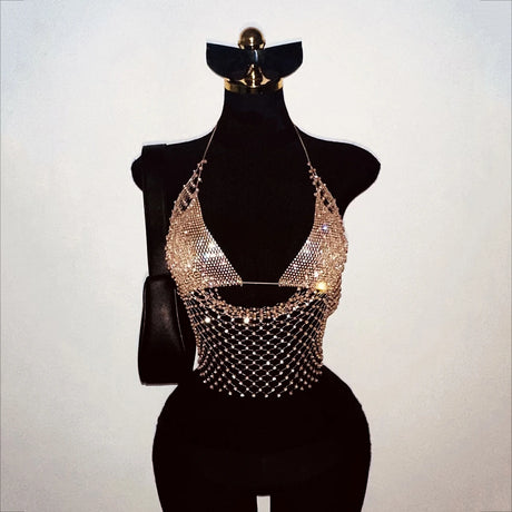 ling Pink Crystal Net Vest with Sequins Women Deep V Neck Dance Clubwear Trendy Fashion for Nightclub Bikini Cover Up