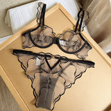 European Style Ultra Thin Sheer Lace Lingerie Set Embroidery Minimizer Bra Big Bust Support Slim Fit Underwear S-XL Size 32-38