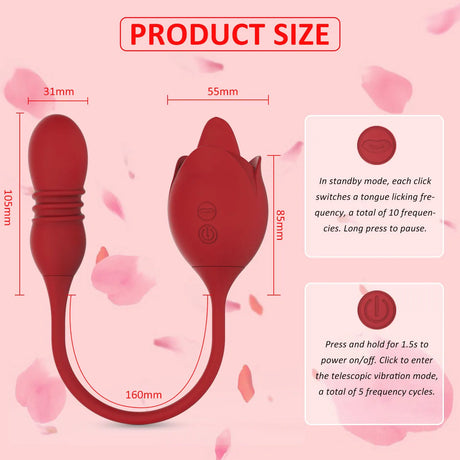2in1 Rose Vibrator Toy for Women Clitoral Licking Vibrator G-spot Thrusting Dildo Clit Nipple Tongue Vibrater Female Couple Sex