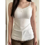 Cute Coquette Y2K Women White Ribbed Cami Tank Top V‑Neck Double Lace Trim Sleeveless Slim Fitted Aesthetic Casual Layering Tops