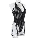 Striped Lace Patchwork Sexy Bodysuit for Women Bodycon Spaghetti Straps Backless Lingerie Body with Garters Nightclub Outfits