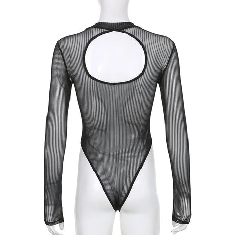 See Through Bodysuit Backless Hollow Out Transparent Club Jumpsuits Women Solid Black Tee Summer Elegant Sexy Streetwear