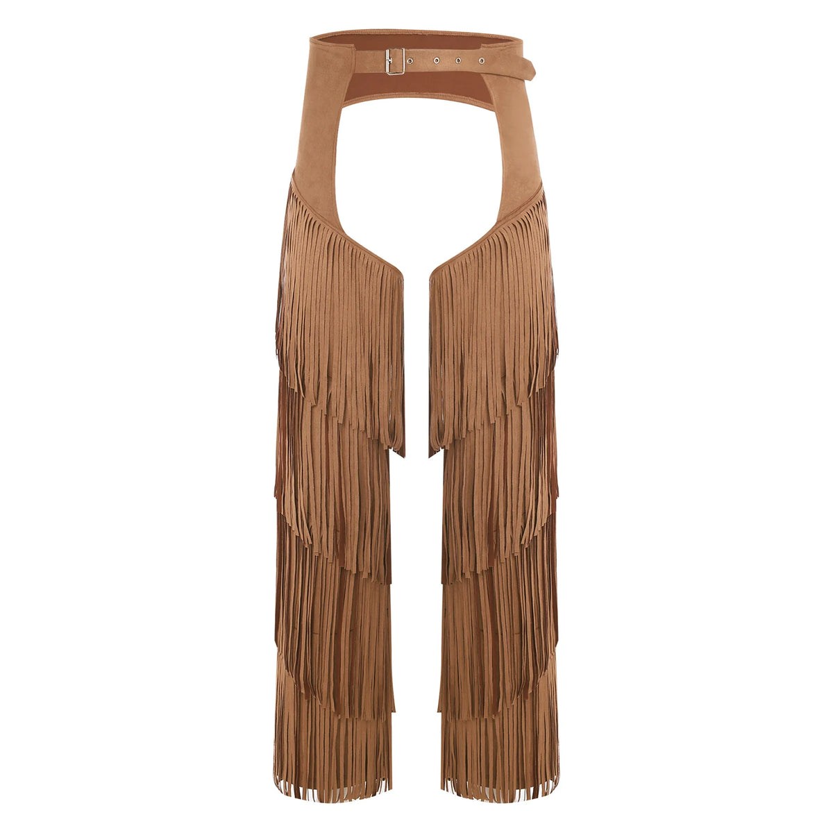 Mens Western Cowboy Chaps Fuax Suede Tassel Hollow Out Open Crotch Long Pants Adjustable Buckles Waist Motorcycle Biker Trousers