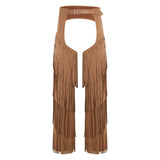 Mens Western Cowboy Chaps Fuax Suede Tassel Hollow Out Open Crotch Long Pants Adjustable Buckles Waist Motorcycle Biker Trousers