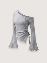 New Women'S Sexy Off Shoulder Cross Long Sleeved Slim T-Shirt Casual Street Style Asymmetrical Elegant T-Shirt Flare Sleeve Top