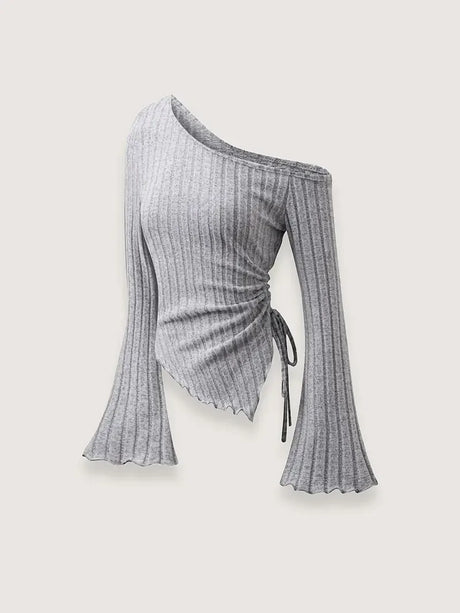 New Women'S Sexy Off Shoulder Cross Long Sleeved Slim T-Shirt Casual Street Style Asymmetrical Elegant T-Shirt Flare Sleeve Top