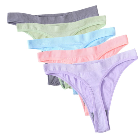 5Pcs/Set Women Brazilian Panties High Waist Thongs G-string Female Underpants Solid Color T-back Underwear Sexy Lingerie M-XL