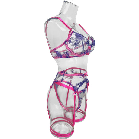 Pink Fancy Lingerie Floral Luxury Lace See Through Underwear Sensual Garter Belt Set Contrast Color Fairy Outfit
