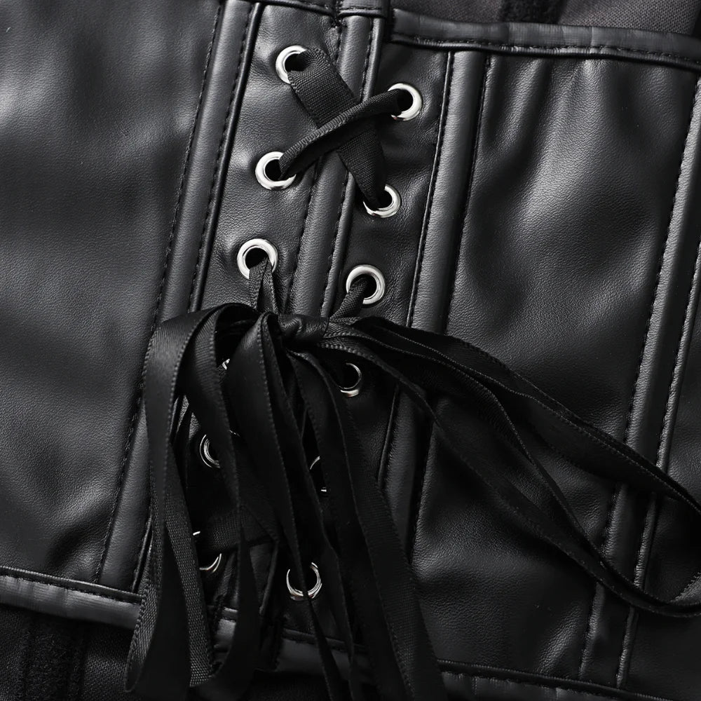 Women Faux Leather Strapless Corset Boned Back Lace Up Waist Cincher Gothic Party Club Night Out Wear
