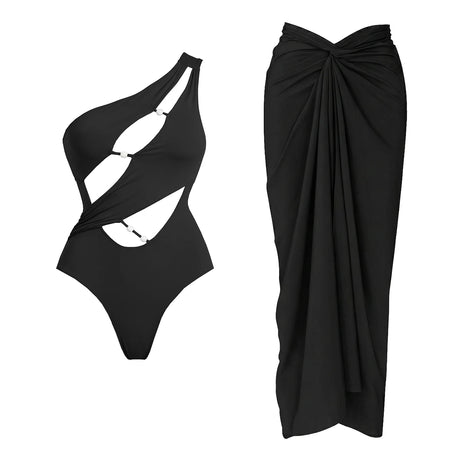 2Pc One Shoulder Swimsuit Women Sexy Bikini Push Up Swimwear Hollow Swim Suit Female Bandeau Biquini Solid Bathingsuit Beachwear
