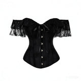 Women Sky Blue Retro Jacquard Corset Tops Lace Short Sleeved One Shoulder Sexy Slimming Shaper Overbust Bustiers Lingerie