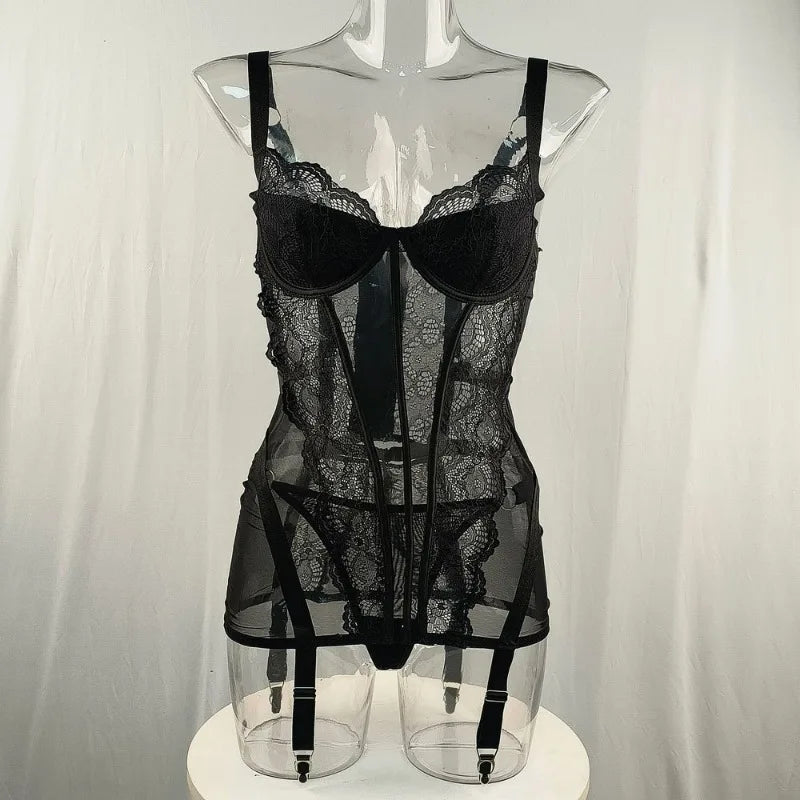 Women's Black Lace Teddy Bodysuit Underwire Corset Garter Straps Sheer Floral Embroidery Sexy Lingerie Party Fashion Outfit