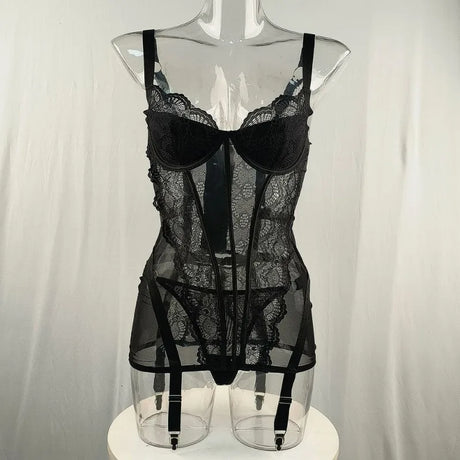 Women's Black Lace Teddy Bodysuit Underwire Corset Garter Straps Sheer Floral Embroidery Sexy Lingerie Party Fashion Outfit
