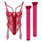 European and American Sexy See-through Dress Mesh Lace Garter Side One-Piece Underwear Women's Sexy Tight Jumpsuit Two-Piece Set