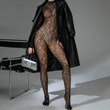 Sexy Lace See-Through Bodysuit Long Sleeve Fishnet Jumpsuits Elastic Night Club Jump Suits for Women Sexy Pole Dancing Overalls