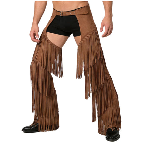 Mens Western Cowboy Chaps Fuax Suede Tassel Hollow Out Open Crotch Long Pants Adjustable Buckles Waist Motorcycle Biker Trousers