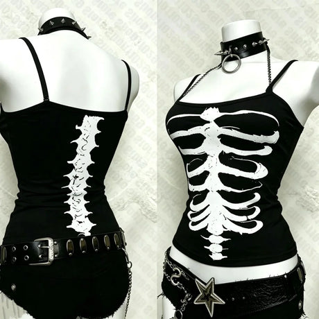 Y2K Gothic Alt Sleeveless Crop Top Vintage Grunge Skeleton Front Back Graphic Slim Women Skeleton Ribcage Spine Cami Tank Tops