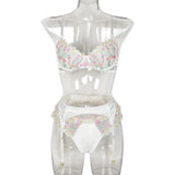 New White Floral Embroidery Fairy Lingerie Sets Transparent Mesh Patchwork Underwear Garter Intimate Panties Erotic Suits