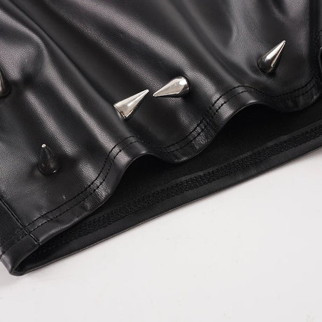 Women Low Waist Faux Leather Mini Shorts Spike Studded Decor Slim Fit Solid Black Punk Gothic Clubwear Y2K Streetwear Bottoms