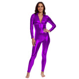 OVIGILY Women Metallic Long Sleeve Unitard Zip Front Bodysuit Catsuit for Clubwear Cosplay Costumes