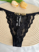 Custom Rhinestone Letter Name Text Sexy Lace Thong Panties Low Rise G-string Personalized Gift Wife Lover Anniversary Festival