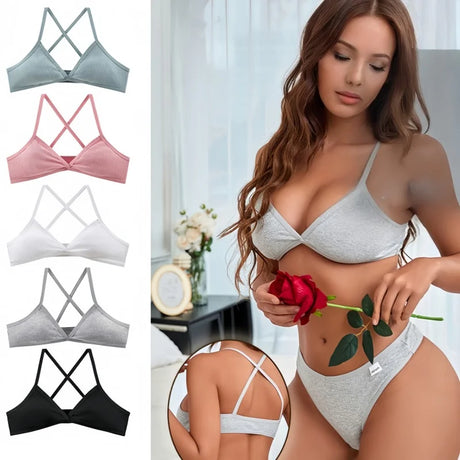2Pcs/Set Ribbed Cross Back Triangle Bralette Set Women Spaghetti Strap Breathable Daily Bra Wireless Casual Daily Lingerie S-L