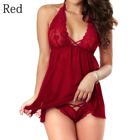 Summer Nightdress Open Back Sleeping Dress for Women Sexy Lingerie Halter Chemise Lace Babydoll Mesh Nightwear V Neck Teddy