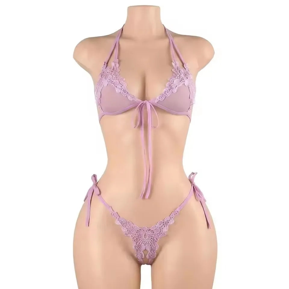 Women's Sexy Pink Mesh Underwear High Elasticity Fishnet Hollow Out Three Piece Open Crotch Babydoll Set Exotic Lingerie