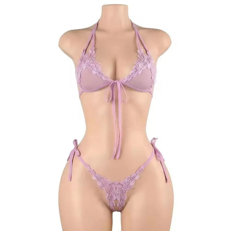 Women's Sexy Pink Mesh Underwear High Elasticity Fishnet Hollow Out Three Piece Open Crotch Babydoll Set Exotic Lingerie