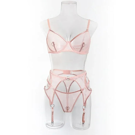 Lingerie Set Sexy See Through Mesh Push Up Bra Contrast Color Metal Ring Decor High Elasticity Two Piece Sexy Lingerie for Women