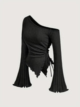 New Women'S Sexy Off Shoulder Cross Long Sleeved Slim T-Shirt Casual Street Style Asymmetrical Elegant T-Shirt Flare Sleeve Top