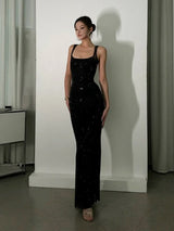 Sexy Square Collar Mesh Patchwork Diamonds Long Dress Women Backless Shiny Rhinestone Slim Dresses Evening Party Cocktail Gowns