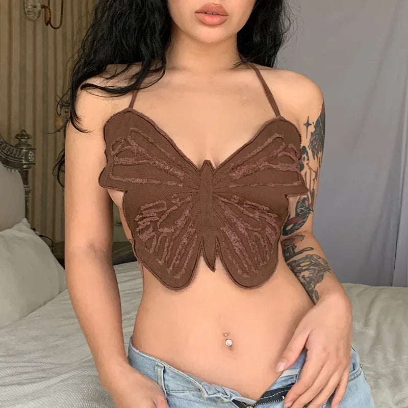 Hot Butterfly Jeans Crop Top Backless Strap Camis Sexy Lingerie Bow Bra Women Beach Mini Vest Butterfly Tank Tops Party Clubwear