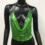 Sexy Metal Sequins Tank Top For Women 2025 Summer V Neck Backless Crop Tops Luxury Solid Short Party Nightclub Tank Tops