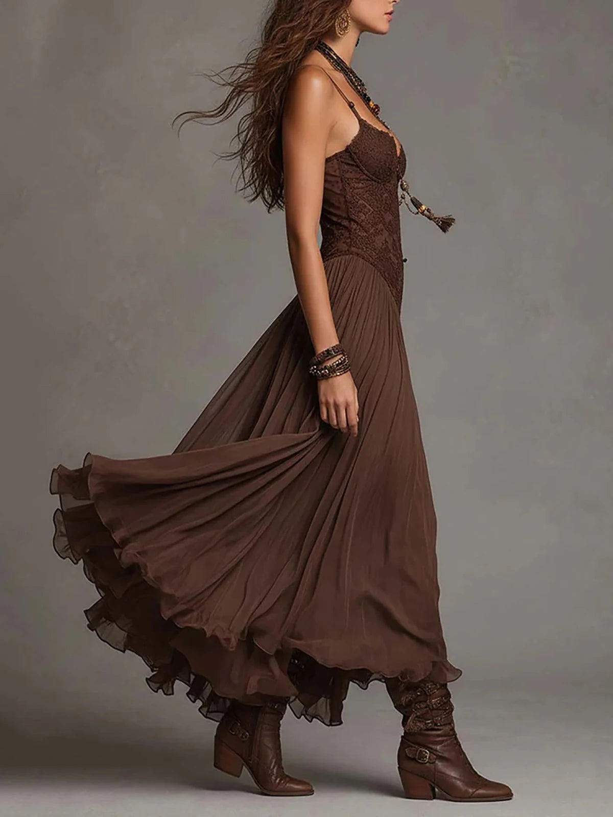 Women‘s Spaghetti Strap Lace Midi Boho Dress Sexy V Neck Ruched Flowy Mesh Sheer Dress Tiered Hem Western Vacation Party Dresses