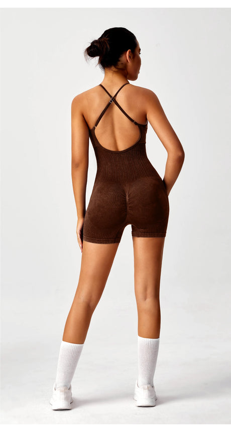 Sandwashed Yoga Bodysuit for Women - Strappy Seamless One Piece Workout Suit, Stretch Gym Leotard for Pilates Barre Fitness