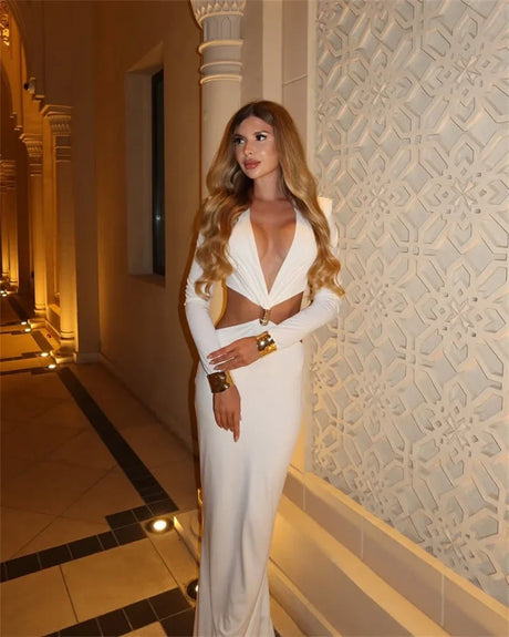 Deep V Neck Long Sleeve Sexy Maxi Dress Women Gown Autumn Fashion Hollow Out Backless High Waist Club Party Long Dress