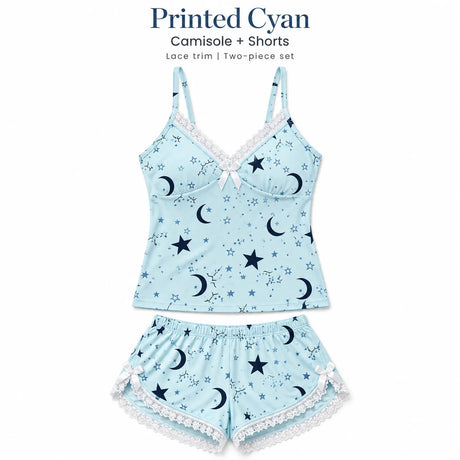 Women's Lace Trim Camisole Shorts Pajama Set, V Neck Bow Detail Sleeveless Two Piece Sleepwear in Solid and Printed Colors