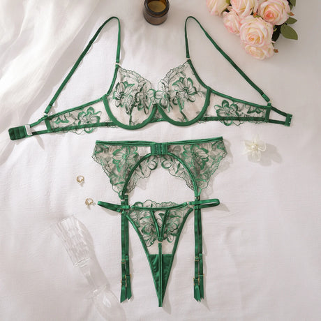 Ellolace Elegant Sexy Female Lingerie Willowy Honey 3PC Diamond Accessories Women's Ethical Underwear Floral See Through Clothin