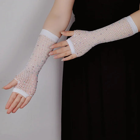 Sexy Elastic Mesh Gloves With Colored Flash Diamonds Bungee Stage Performance Hollow Fishing Net Punk Hiphop Women's Gloves R51