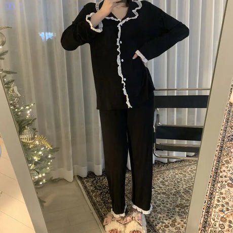 2Pcs/set Women's Nightwear Sexy Lace Long Sleeve Long Pants Simple Black Autumn and Winter Cardigan Young Girls Clothes Womens