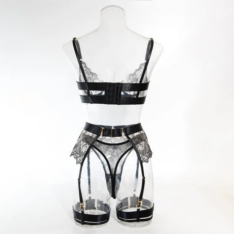 Krasapt Luxury Black Flower Embroidery Lingerie 4 Pcs Sets Fancy Mesh Transparent Metal Buckle Bra And Thong Garter Erotic Set